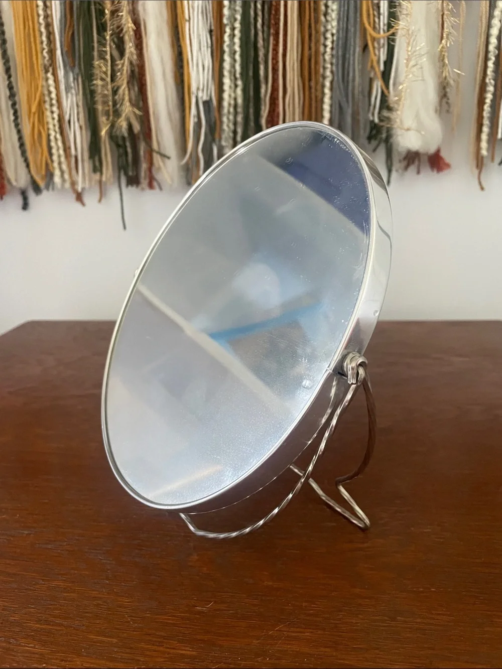 Silver Round Table Mirror with Foldable Stand Vintage